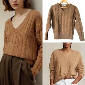 AMERICAN APPAREL V-neck Cable Knit Sweater Classic Camel Preppy Academia Prep S